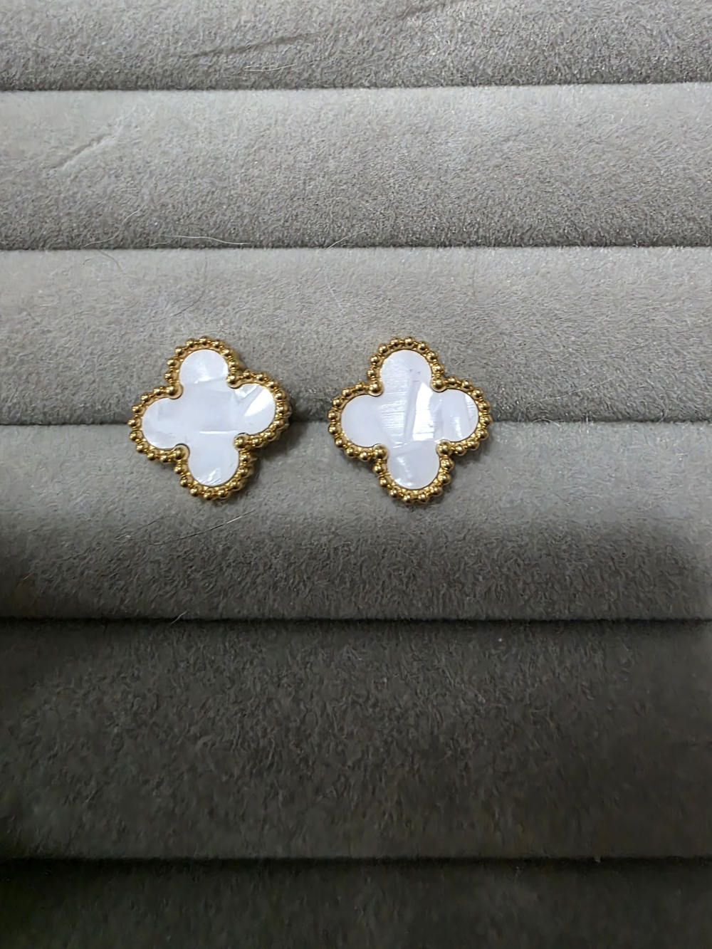 Gold-Trim White Clover Stud Earrings